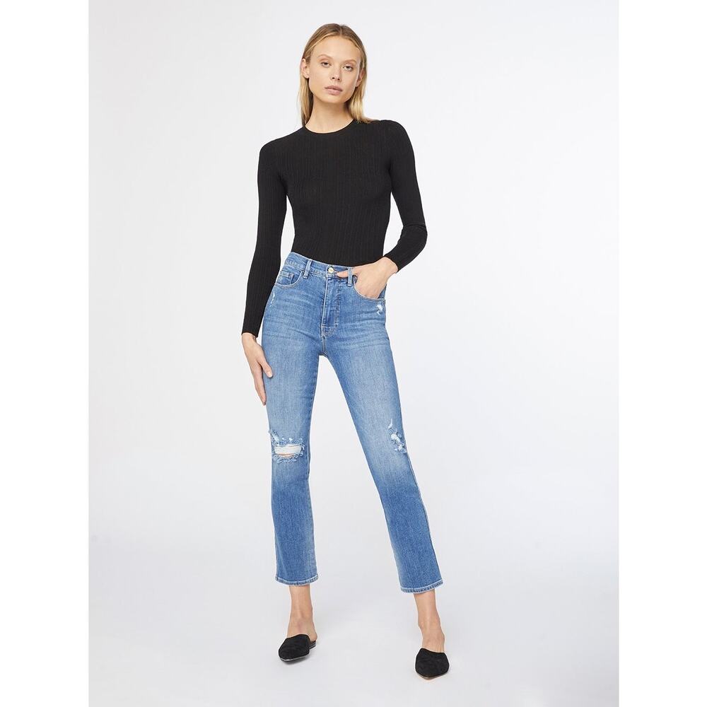 Frame Medium Wash Distressed Le Sylvie Slender Straight Jeans - Size 27
